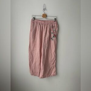 Pink Linen Pants Embroidered Floral Elastic Waist Wide Leg Boho lagenlook